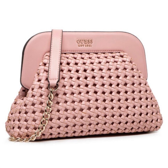Guess Sicilia Blush Woven Frame Clutch Pink with Crossbody Strap - Picture 1 of 16
